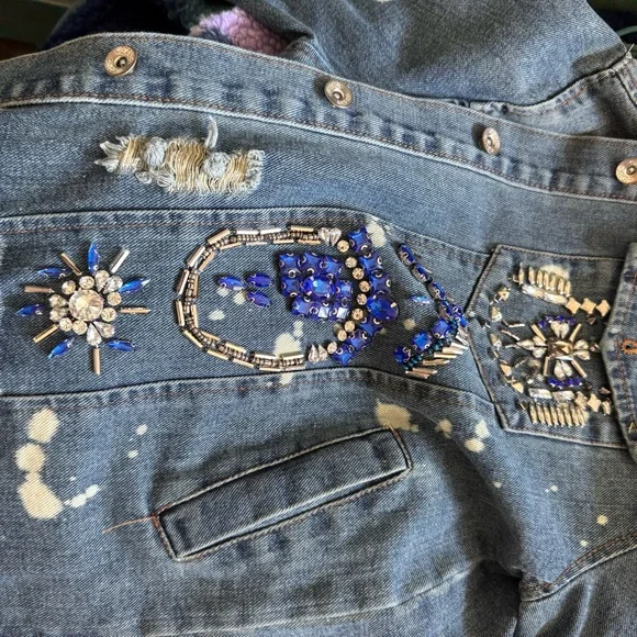 Embroidered Distressed Denim Jacket with Fringe with Swarovski Crystals - Picture 5 of 6